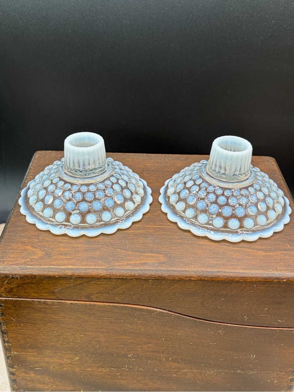 Set of 2 MCM Fenton Opalescent Hobnail Tapered Candle Holders Moonstone 1940's